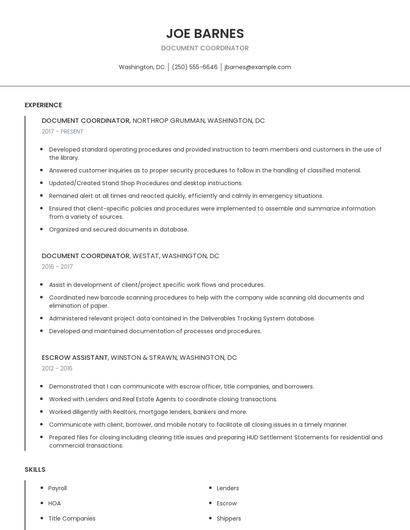 Document Coordinator Resume