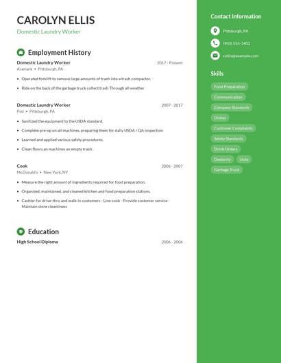 Domestic Laundry Worker Resume