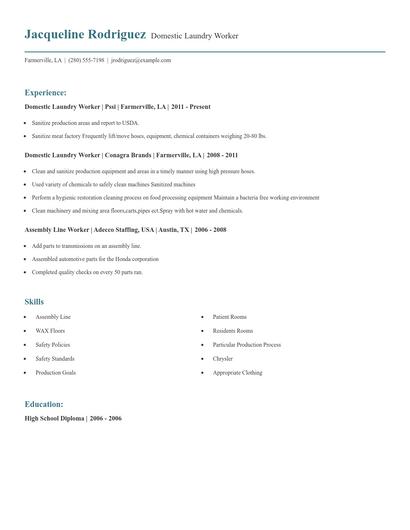 Domestic Laundry Worker Resume