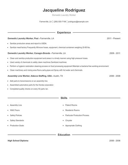 Domestic Laundry Worker Resume