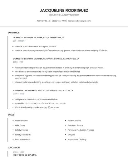 Domestic Laundry Worker Resume