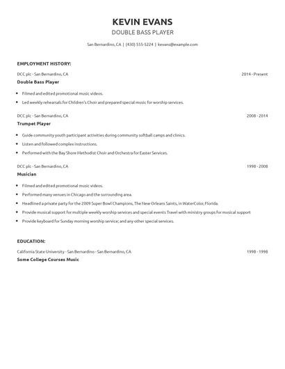 Double Bass Player Resume
