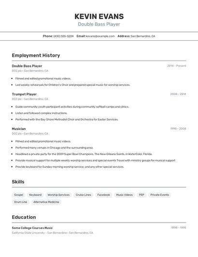 Double Bass Player Resume