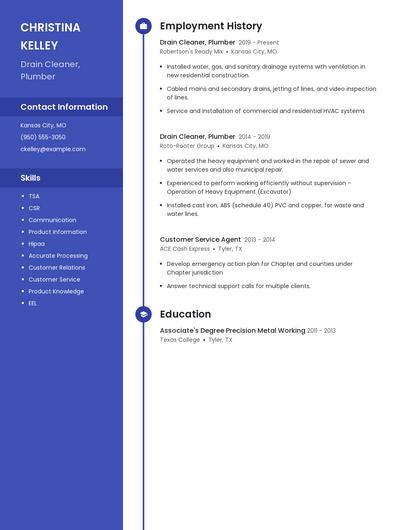 Drain Cleaner, Plumber Resume
