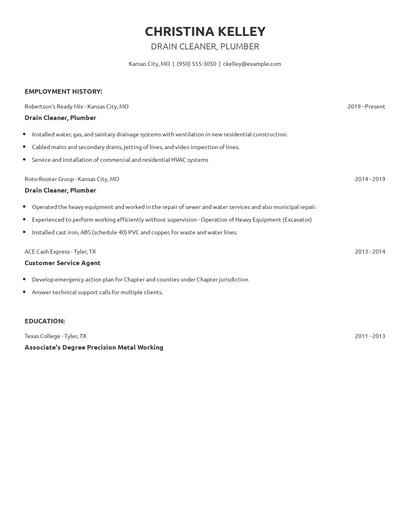 Drain Cleaner, Plumber Resume