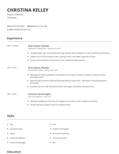 Drain Cleaner, Plumber Resume