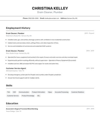 Drain Cleaner, Plumber Resume
