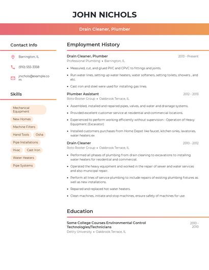 Drain Cleaner, Plumber Resume