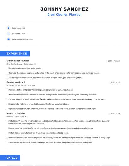 Drain Cleaner, Plumber Resume