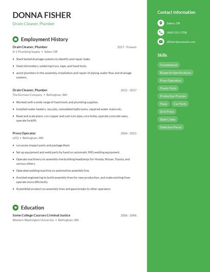 Drain Cleaner, Plumber Resume