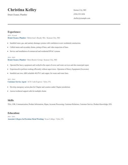 Drain Cleaner, Plumber Resume