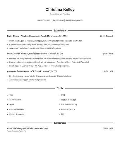 Drain Cleaner, Plumber Resume