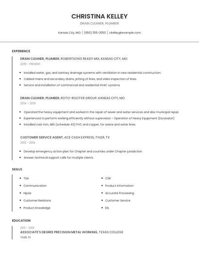Drain Cleaner, Plumber Resume
