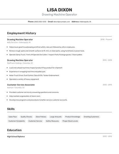 Drawing Machine Operator Resume