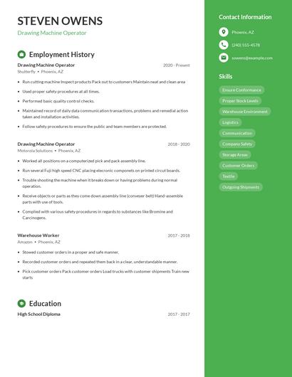 Drawing Machine Operator Resume