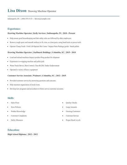 Drawing Machine Operator Resume