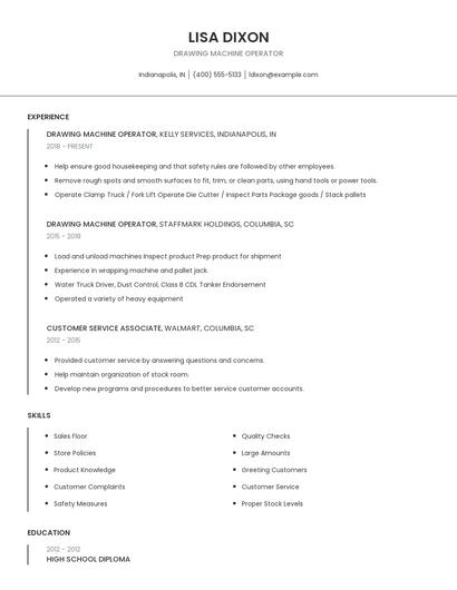 Drawing Machine Operator Resume