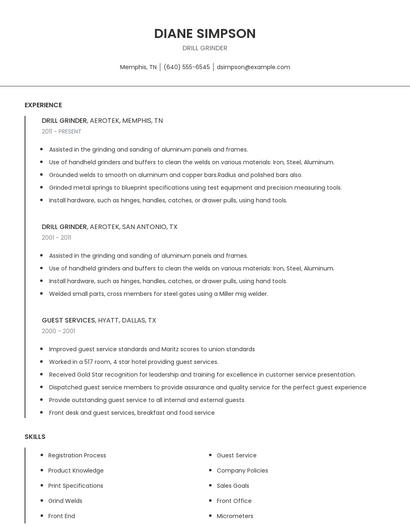 Drill Grinder Resume