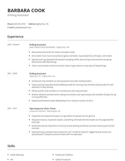 Drilling Assistant Resume