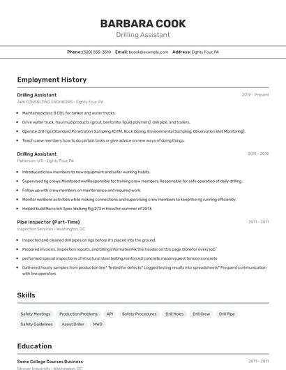 Drilling Assistant Resume