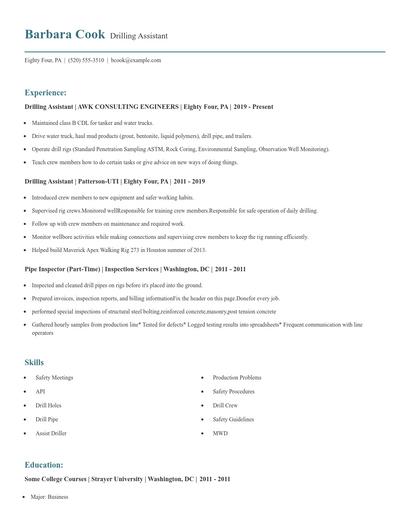 Drilling Assistant Resume