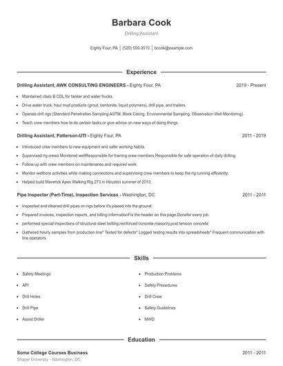 Drilling Assistant Resume