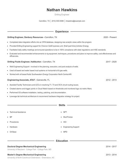 Drilling Engineer Resume