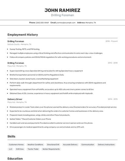 Drilling Foreman Resume
