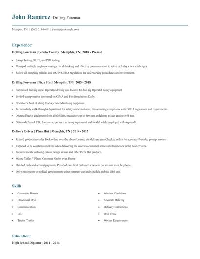 Drilling Foreman Resume