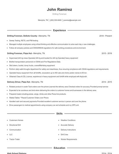 Drilling Foreman Resume