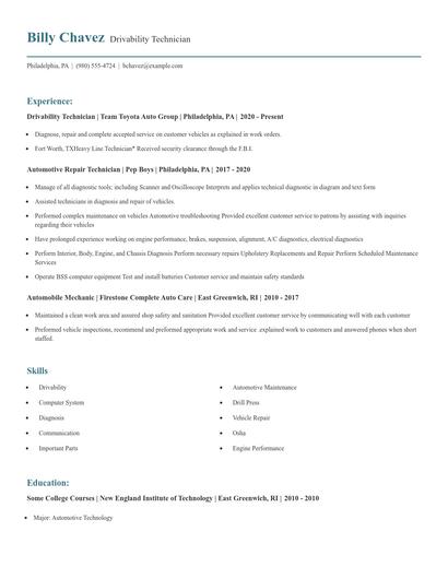 Drivability Technician Resume