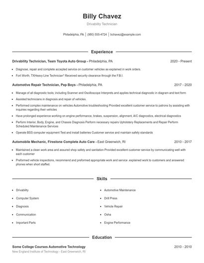 Drivability Technician Resume