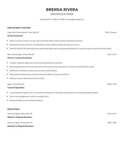 Driver Examiner Resume