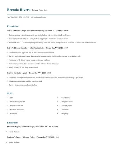 Driver Examiner Resume