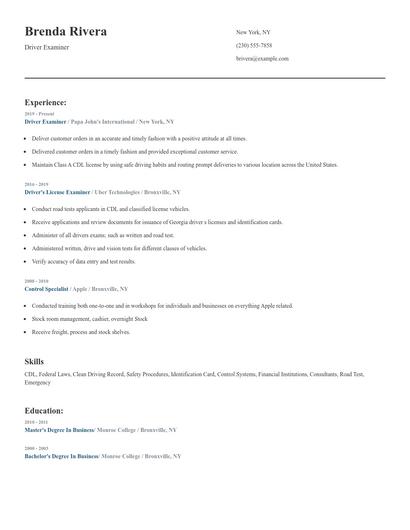 Driver Examiner Resume