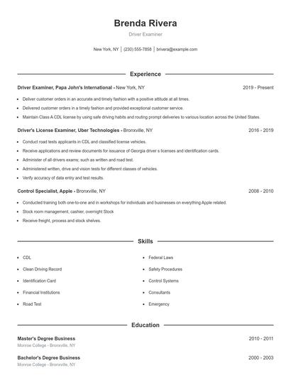 Driver Examiner Resume
