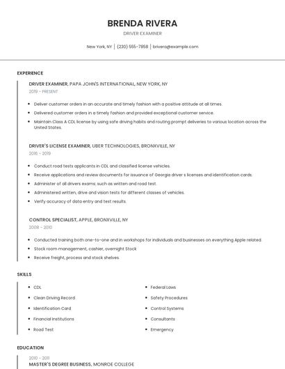 Driver Examiner Resume