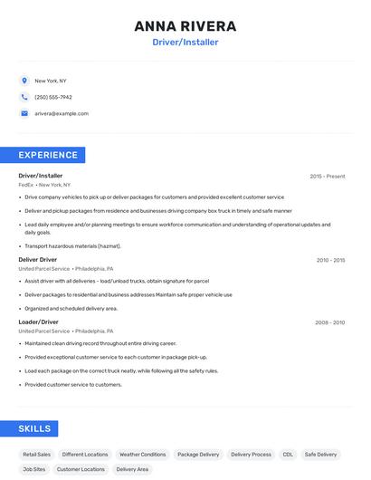 Driver/Installer Resume