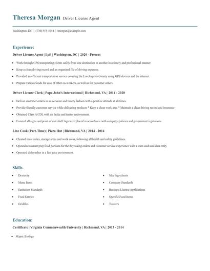 Driver License Agent Resume