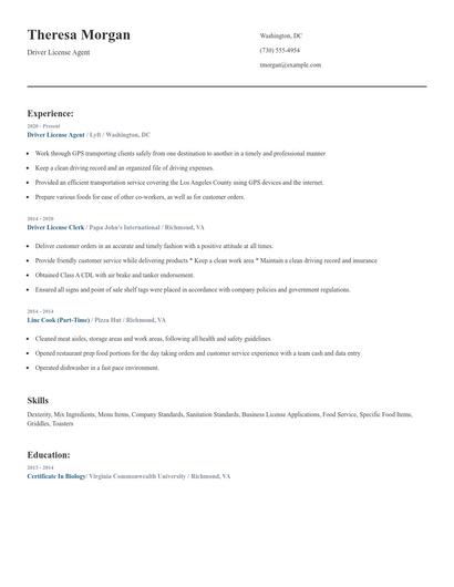 Driver License Agent Resume
