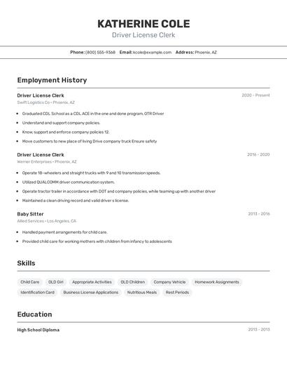 Driver License Clerk Resume