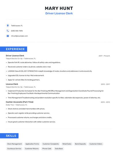 Driver License Clerk Resume
