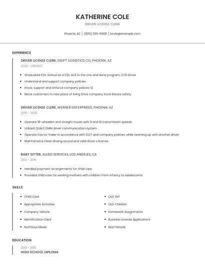 Driver License Clerk Resume