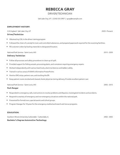 Driver/Technician Resume