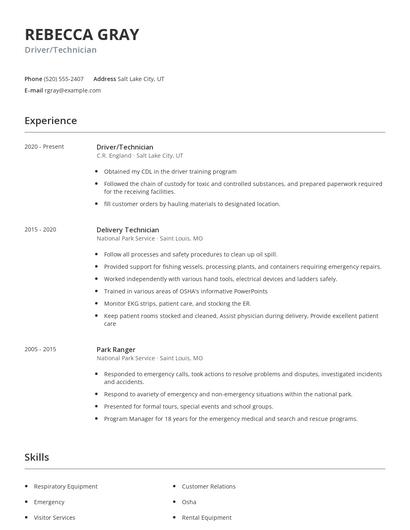 Driver/Technician Resume