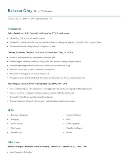 Driver/Technician Resume