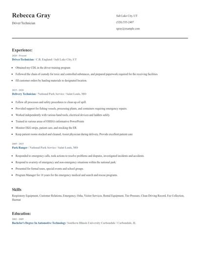 Driver/Technician Resume