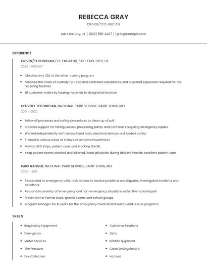 Driver/Technician Resume
