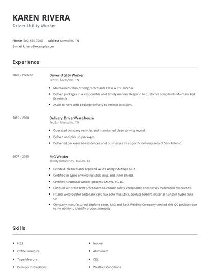 Driver-Utility Worker Resume