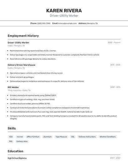 Driver-Utility Worker Resume